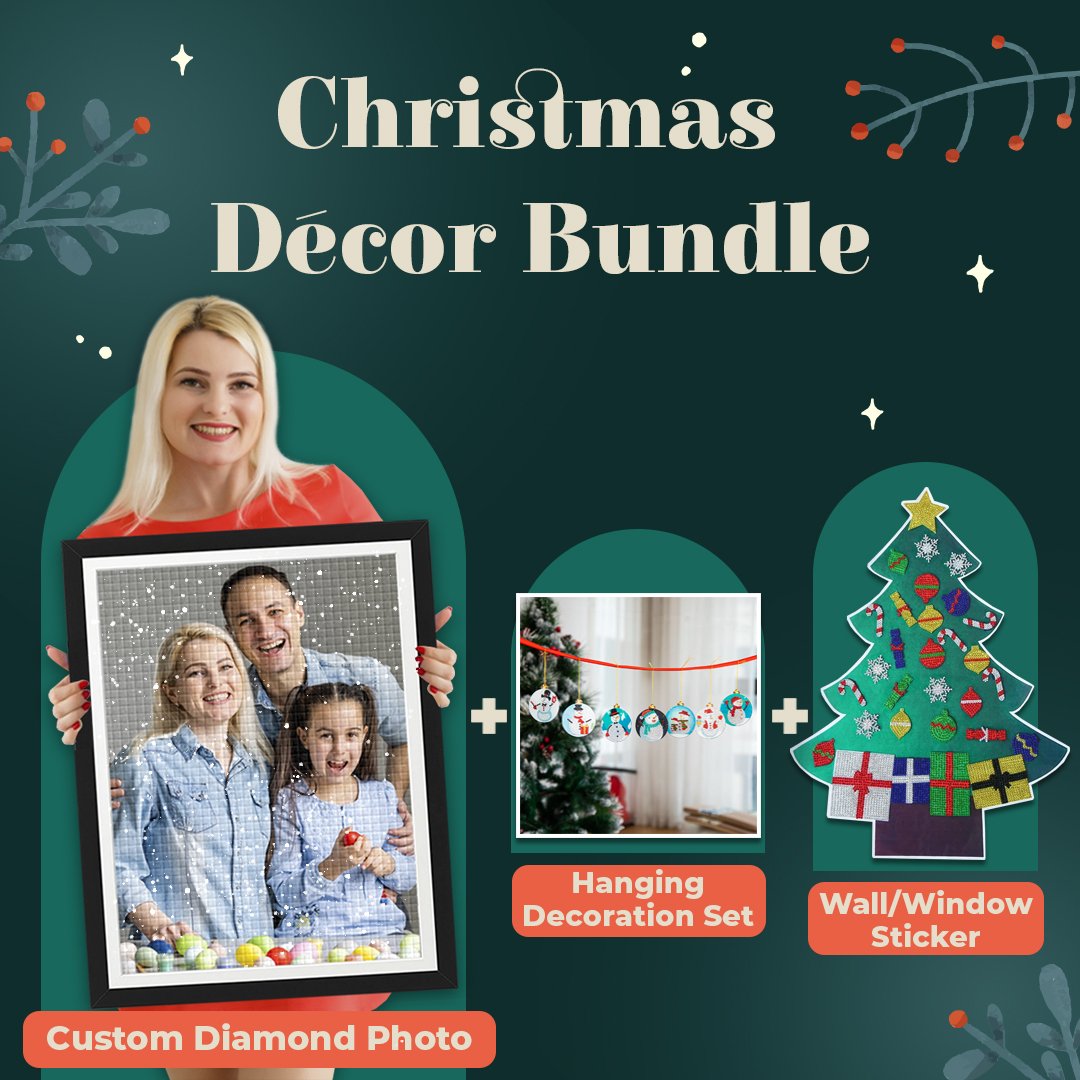 Christmas Décor Bundle: Custom Diamond Photo +Hanging Decoration Set + Wall/Window Sticker-DIY Diamond Painting